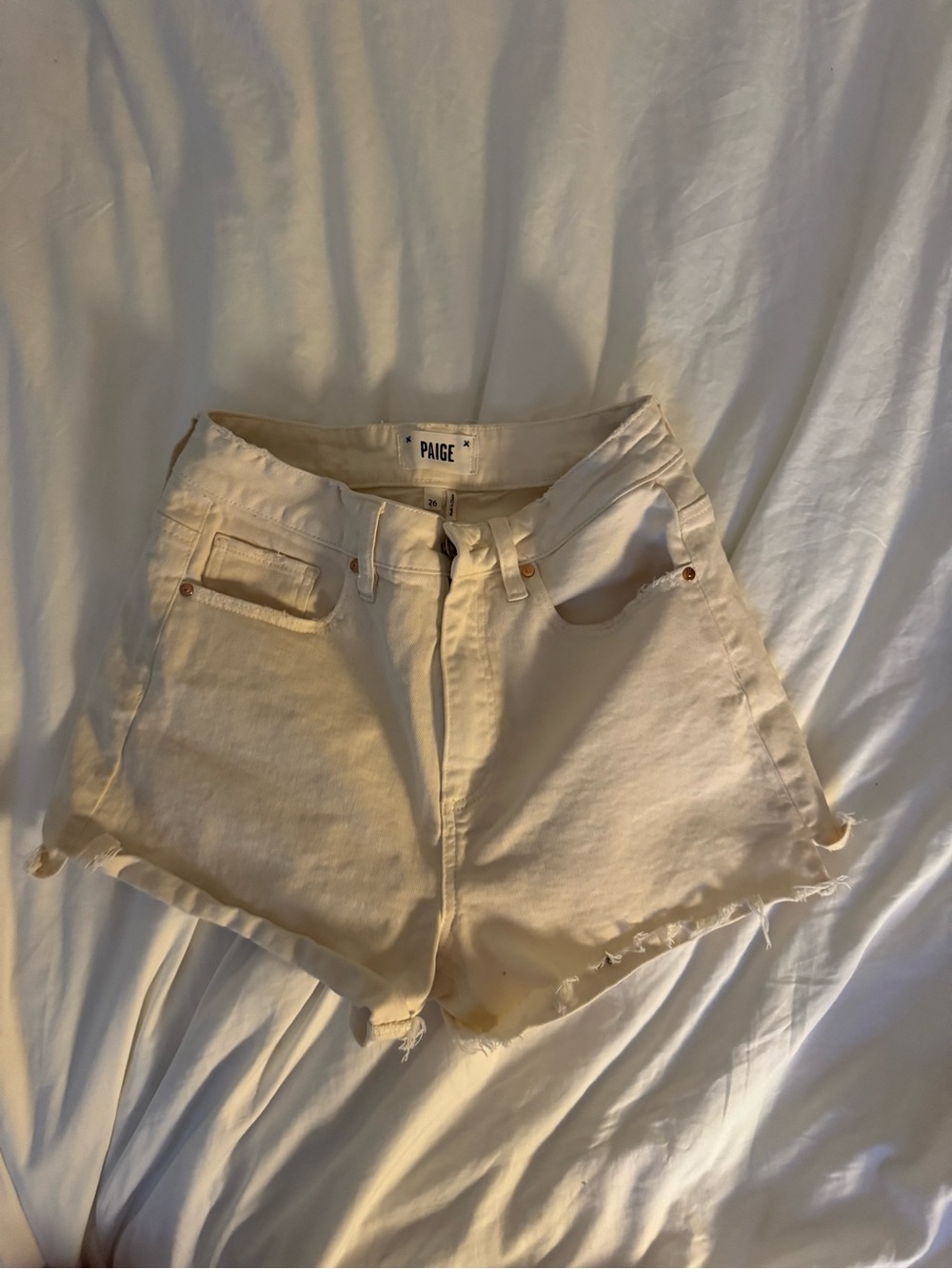 PAIGE Cream High-Rise Denim Shorts